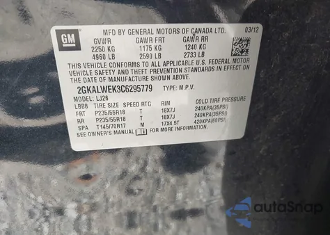 2012 GMC Terrain Slt-2 z USA, uszkodzony, nr VIN 2GKALWEK3C6295779